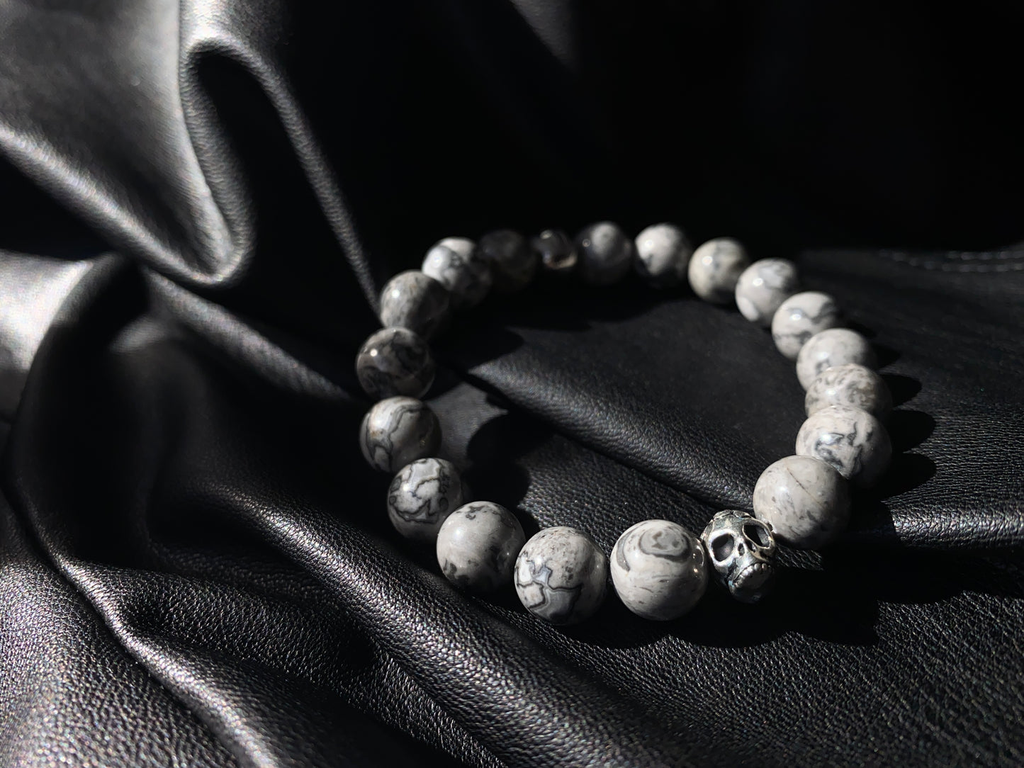 Grey Jasper Skull Bracelet - 10mm