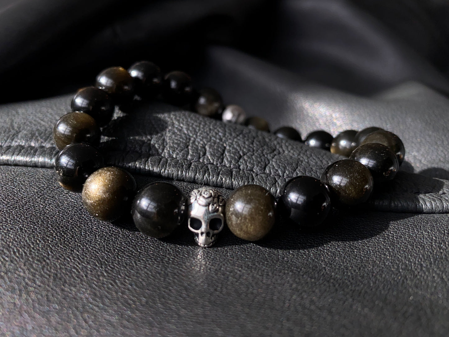 Black Golden Obsidian Skull Bracelet - 10mm