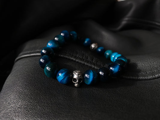 Blue Tigers Eye Skull Bracelet - 10mm