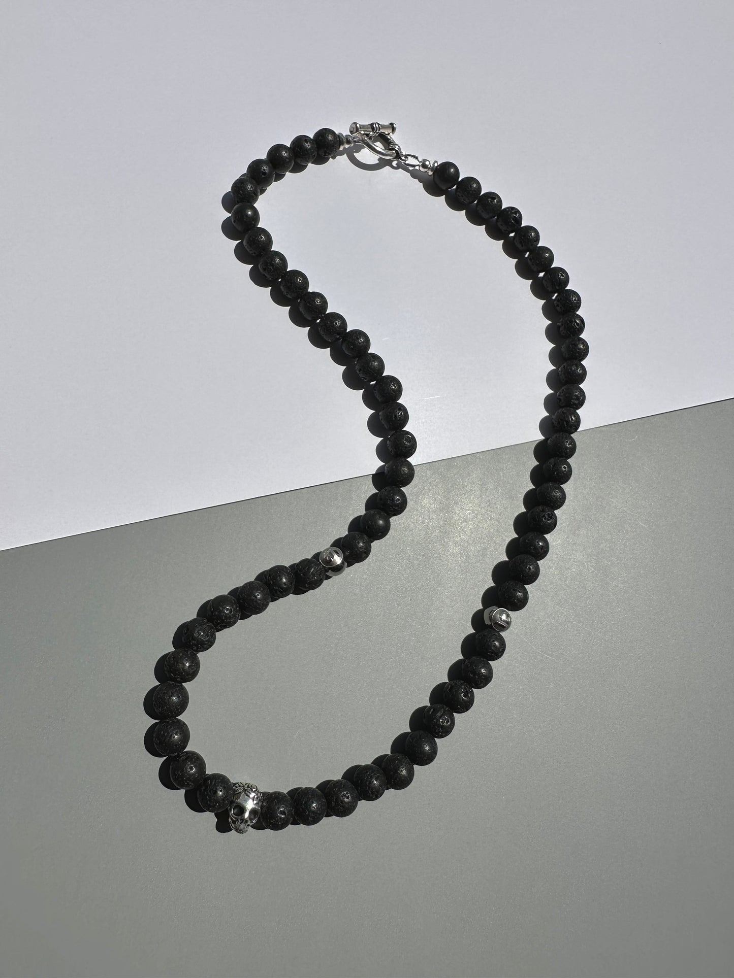 Black Lava Skull Necklace 10mm Stones - 22in