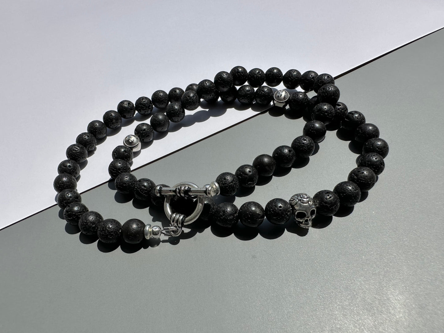 Black Lava Skull Necklace 10mm Stones - 22in