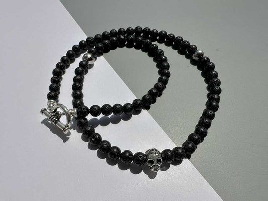 Black Lava Skull Necklace 8mm Stones - 20in