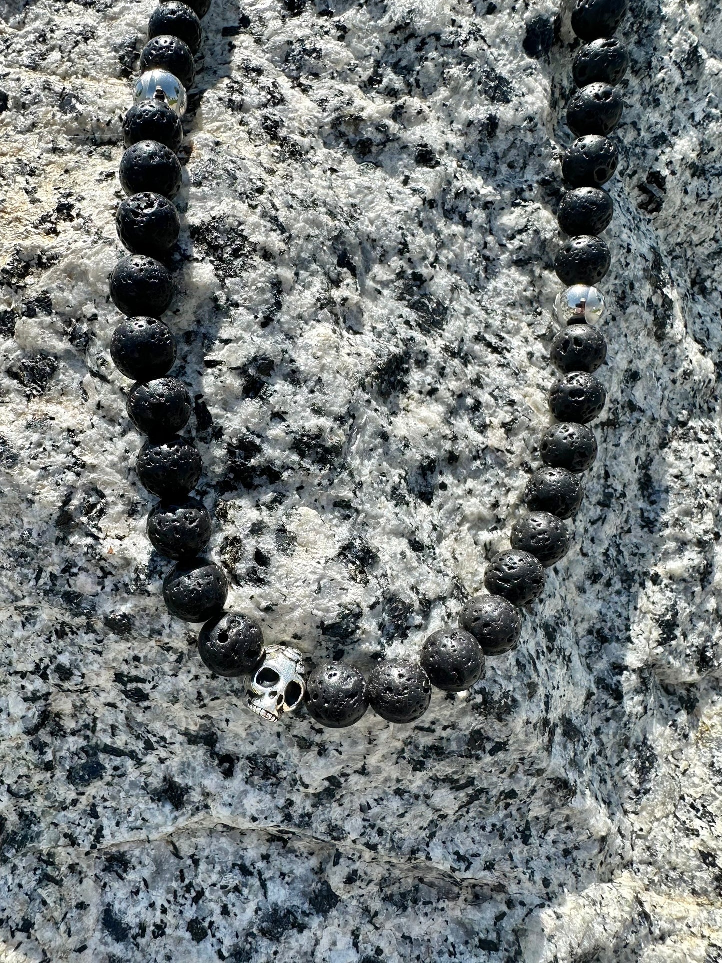 Black Lava Skull Necklace 10mm Stones - 22in